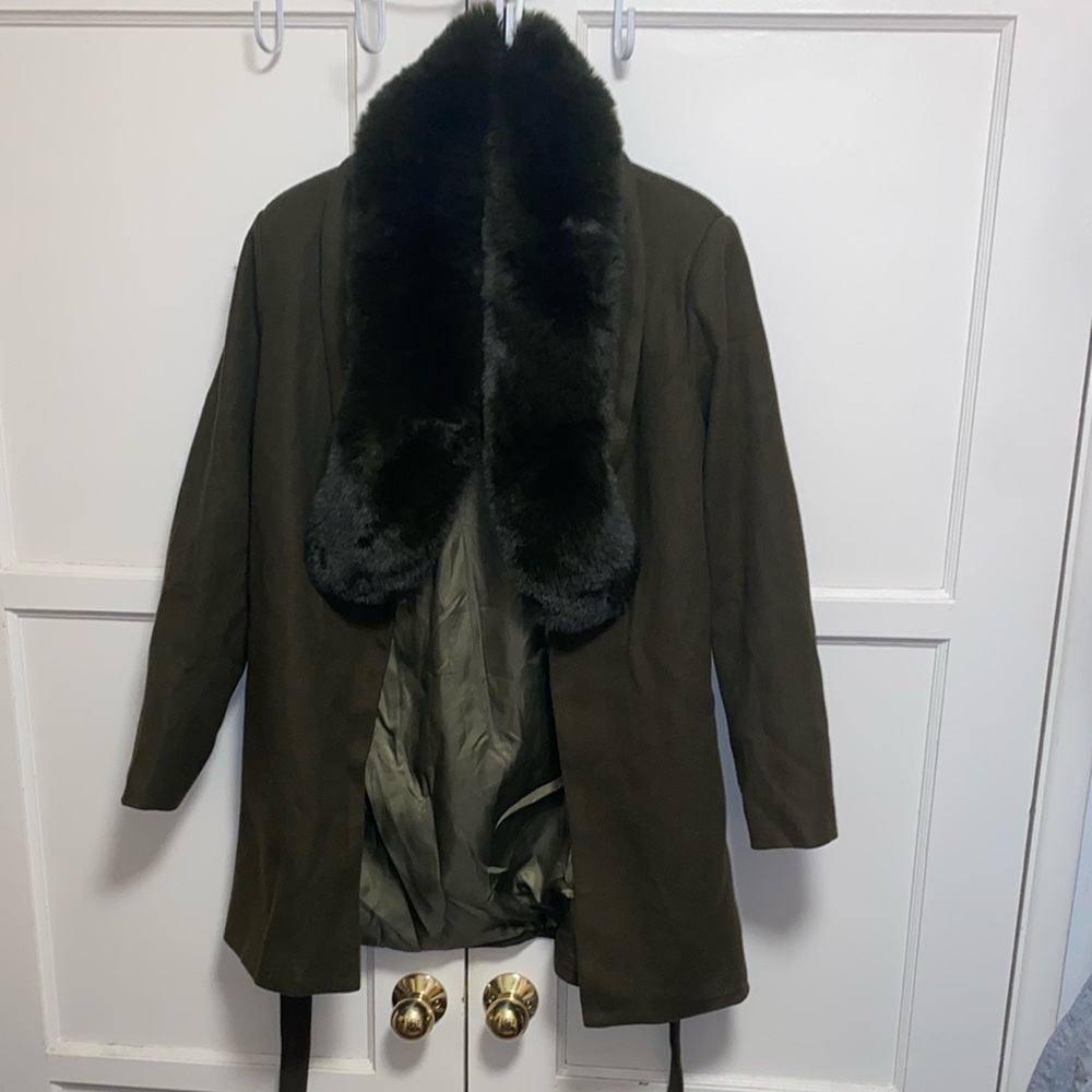 SHEIN LUNE Medium Olive Green Elegant Fuzzy Collar Belted Overcoat - Picture 2 of 12